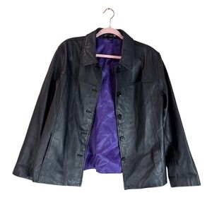 J.G. Hook Leather Jacket Button Front Purple Lined Black Large L‎ Classic Chic